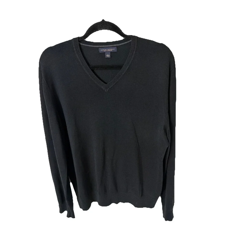Banana Republic Mens Silk Cashmere V-Neck‎ Sweater Black Large Pullover